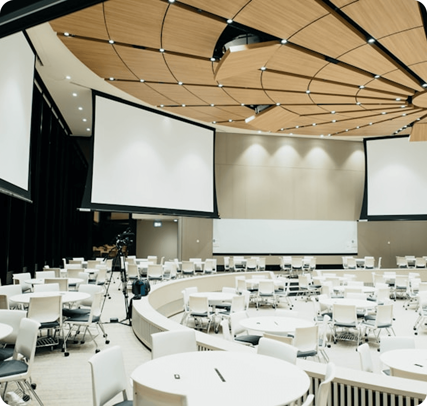 A banquet hall set up for an event